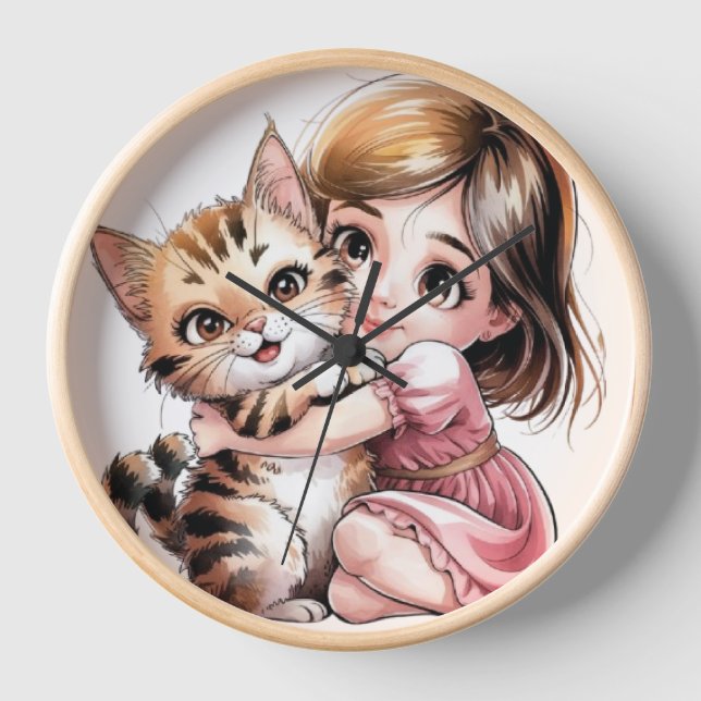 Cute cat in a warm hug with a little girl clock (Front)