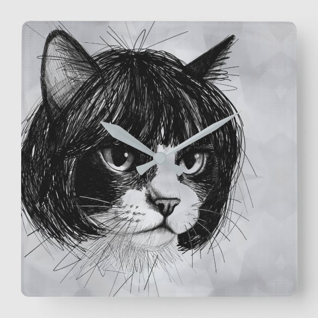 Cute Cat in a Wig (Style 10 +BG) Fine Art Square Wall Clock (Front)