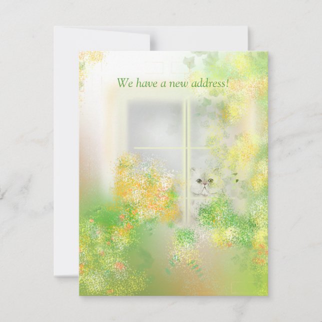 Cute Cat in a Window New Address Flat Note Card (Front)