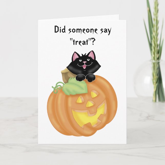 Cute Cat in Carved Pumpkin Greeting Card (Front)
