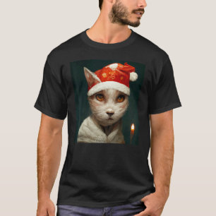 Cute cat in Christmas hat with Xmas light AI Desig T-Shirt