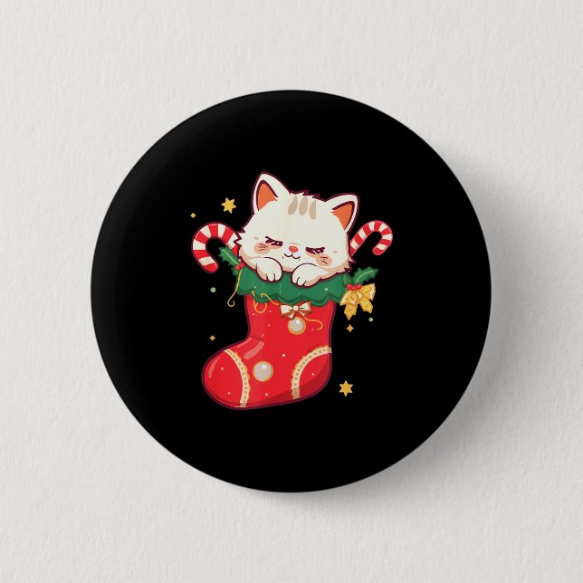 Cute Cat In Christmas Stocking Kawaii Anime Xmas G 6 Cm Round Badge (Front)