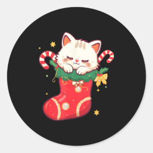Cute Cat In Christmas Stocking Kawaii Anime Xmas G Classic Round Sticker