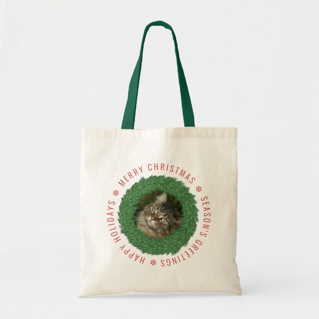 Cute Cat in Christmas Wreath Custom Pet Photo Tote Bag (Front)
