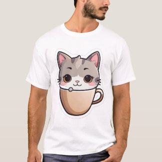 Cute Cat in Coffee Cup Kawaii Cartoon Sticker T-Shirt