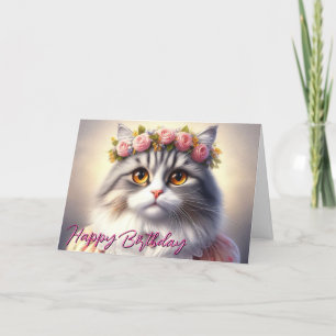 Cute Cat in Dress and Crown Birthday  Card