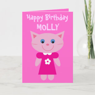 Cute Cat In Dress Customisable Pink Birthday Card