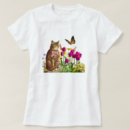 Cute Cat in Flower Garden with Butterfly T-Shirt