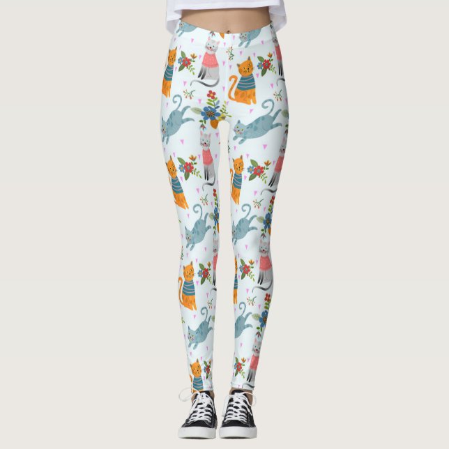 Cute Cat In Flowers Garden Pattern Leggings (Front)