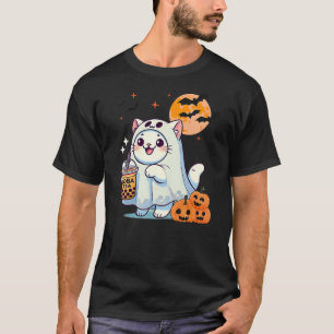 Cute Cat in ghost halloween Pumpkin drinking boba  T-Shirt