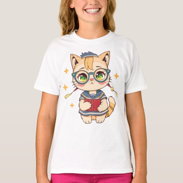 Cute Cat in Glasses and School Uniform Art T-Shirt (Front)