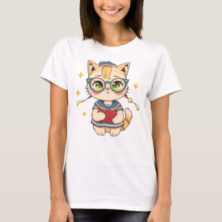Cute Cat in Glasses and School Uniform Art T-Shirt
