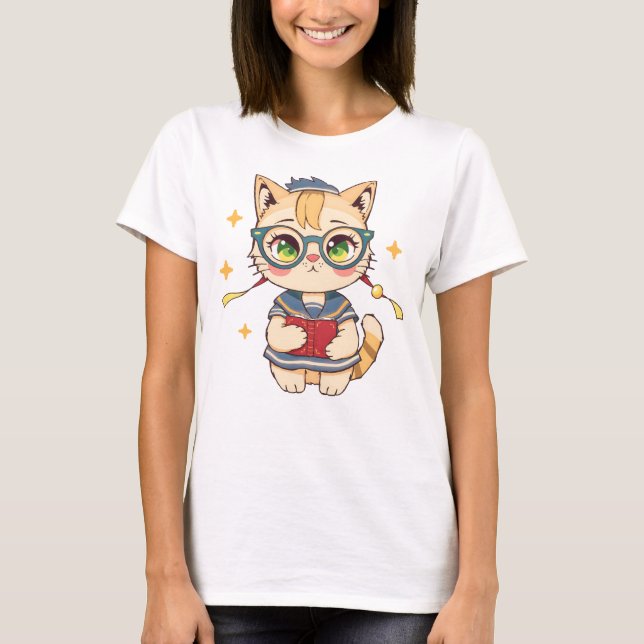 Cute Cat in Glasses and School Uniform Art T-Shirt (Front)