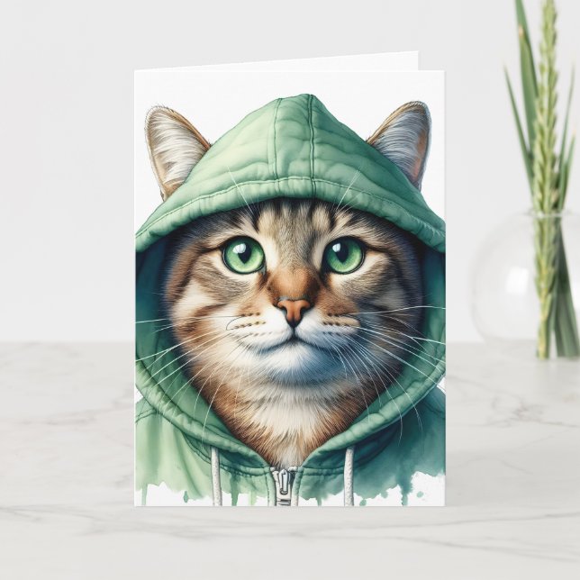 Cute Cat in Green Hoodie Funny Cosy Kitty Blank Card (Front)