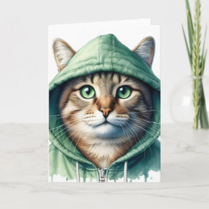Cute Cat in Green Hoodie Funny Cosy Kitty Blank Card