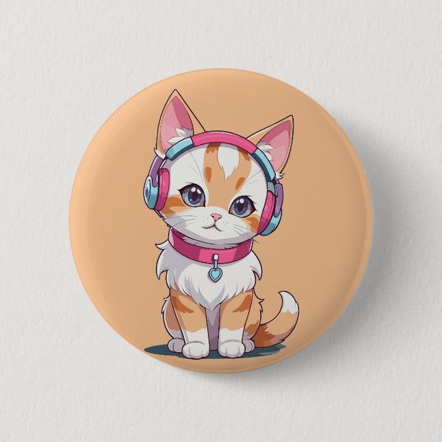 Cute Cat in Headphone Chic 6 Cm Round Badge (Front)