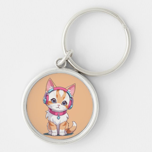 Cute Cat in Headphone Chic Key Ring (Front)