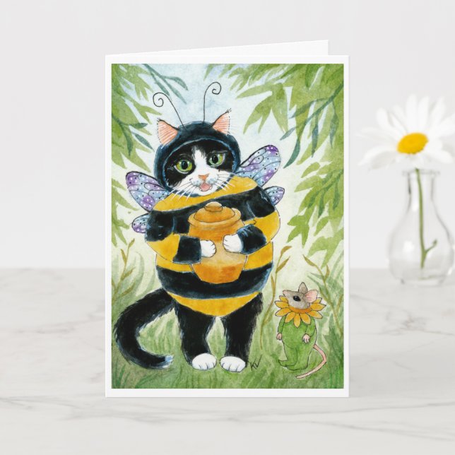 Cute Cat in Honey Bee costume card (Small Plant)
