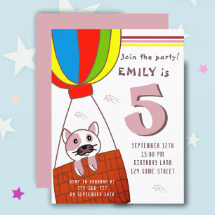 Cute Cat in Hot Air Balloon Girl Birthday  Invitation Postcard