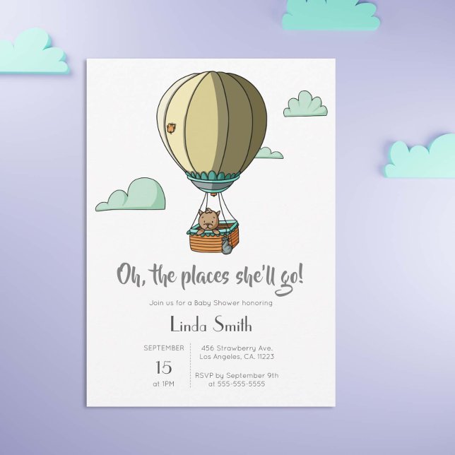 Cute Cat in Hot Air Balloon Neutral Baby Shower Invitation (Creator Uploaded)