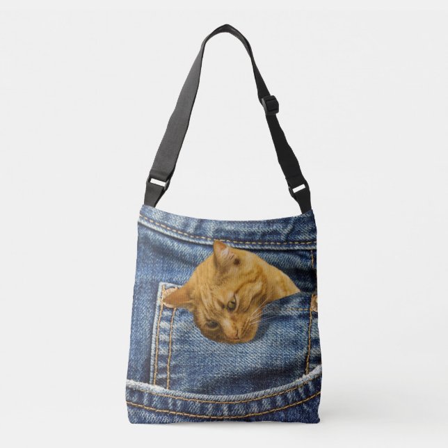 Cute cat in jeans pocket funny illusion crossbody bag (Front)
