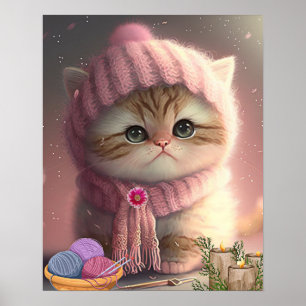Cute Cat in Pink Knit Hat and Scarf Yarn Art Poster