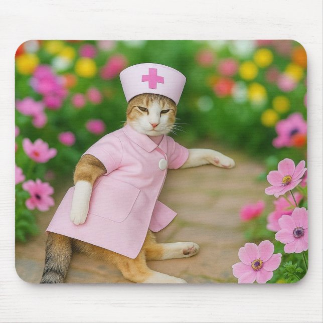 Cute Cat in Pink Nurse Uniform Mousepad (Front)