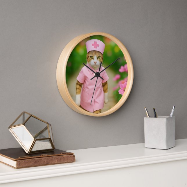 Cute Cat in Pink Nurse Uniform Round Clock (Office)