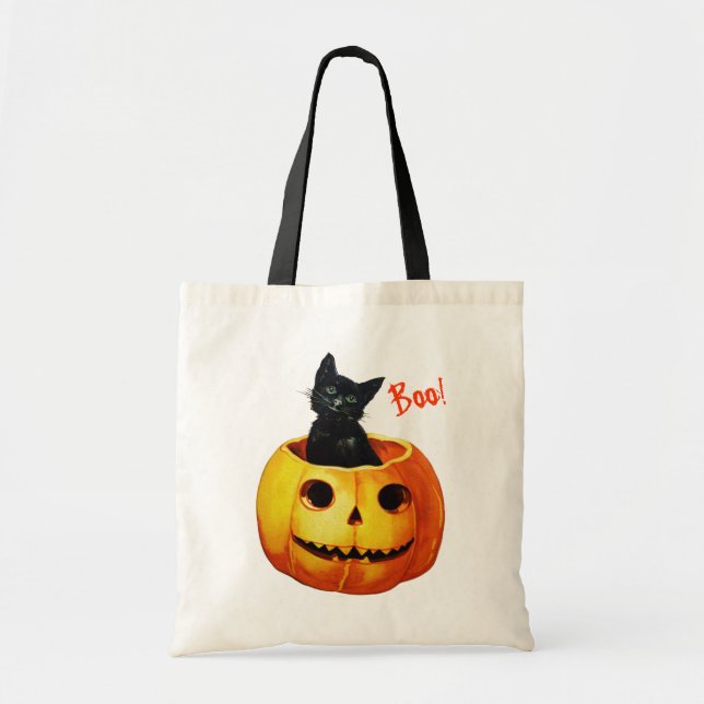 Cute Cat in Pumpkin Halloween Tote Bag (Front)