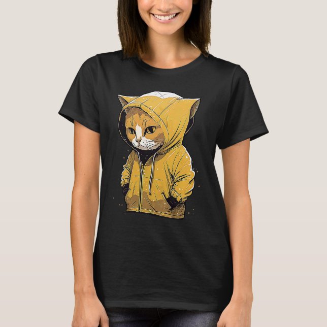 Cute Cat In Rain Kitten Wearing Yellow Hoodie Rain T-Shirt (Front)