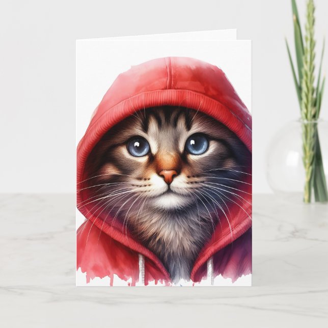 Cute Cat in Red Hoodie Watercolor Greeting Card (Front)