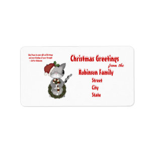 Cute Cat in Santa Hat, Christmas Greetings +Quote Label