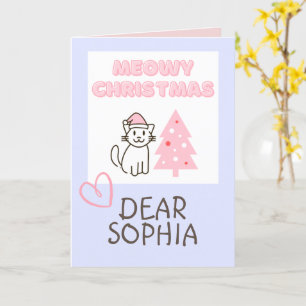 Cute Cat in Santa Hat&Tree Meowy Christmas Pastel  Card