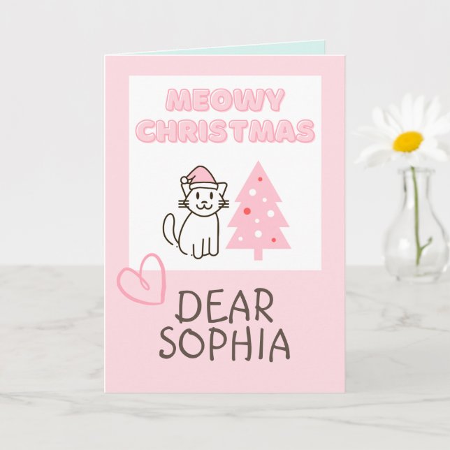 Cute Cat in Santa Hat&Tree Meowy Christmas Pastel  Card (Small Plant)