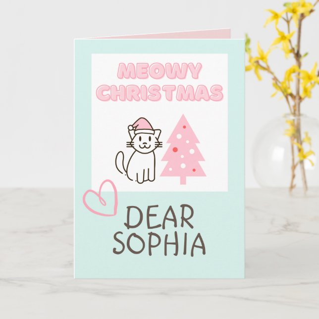 Cute Cat in Santa Hat&Tree Meowy Christmas Pastel Card (Yellow Flower)