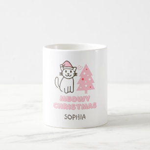 Cute Cat in Santa Hat&Tree Meowy Christmas Pastel  Coffee Mug