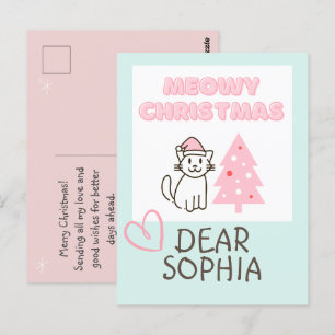 Cute Cat in Santa Hat&Tree Meowy Christmas Pastel Postcard