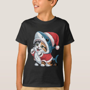 Cute Cat In Shark Costume With Santa Hat Christmas T-Shirt