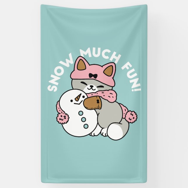 Cute Cat in Snow Gear with Snowman Art Banner (Vertical)