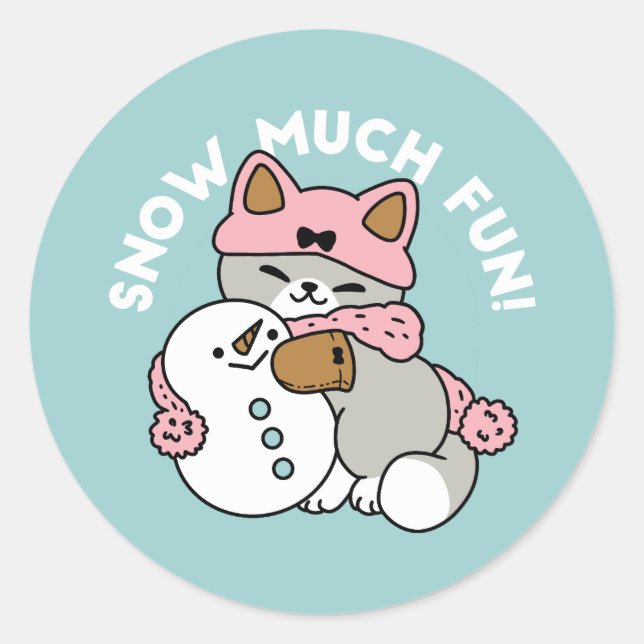 Cute Cat in Snow Gear with Snowman Art Classic Round Sticker (Front)