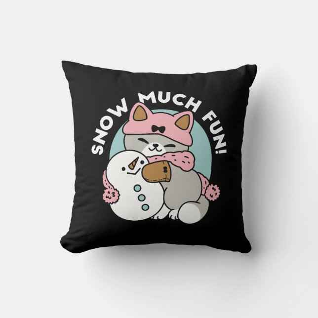 Cute Cat in Snow Gear with Snowman Art Cushion (Front)