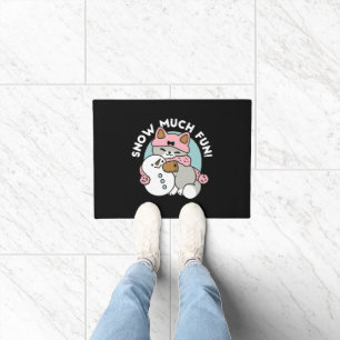 Cute Cat in Snow Gear with Snowman Art Doormat