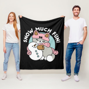 Cute Cat in Snow Gear with Snowman Art Fleece Blanket