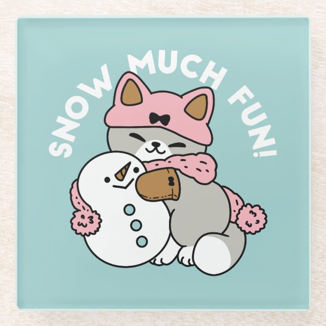 Cute Cat in Snow Gear with Snowman Art Glass Coaster (Front)