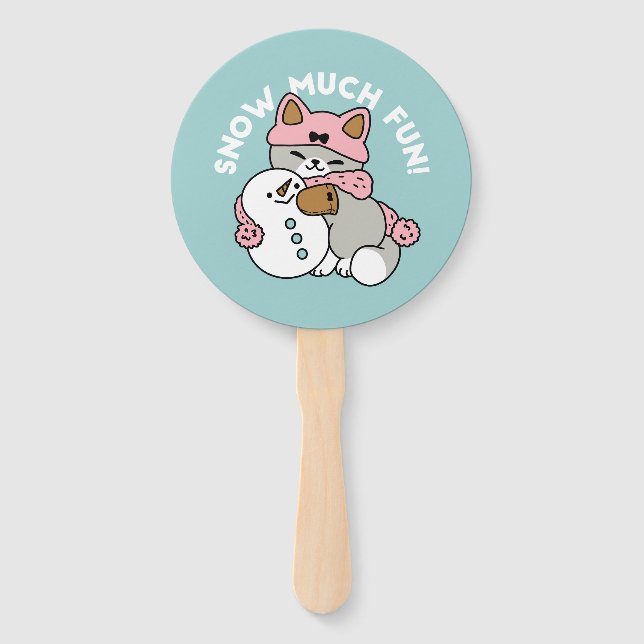 Cute Cat in Snow Gear with Snowman Art Hand Fan (Front)