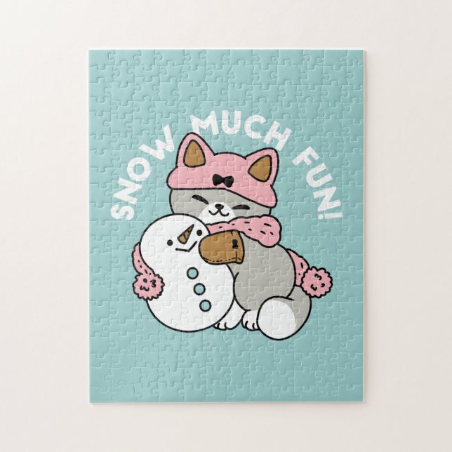 Cute Cat in Snow Gear with Snowman Art Jigsaw Puzzle (Vertical)