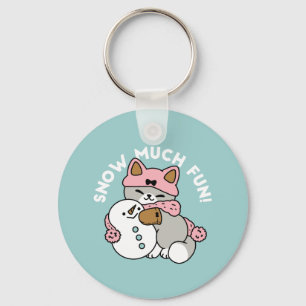 Cute Cat in Snow Gear with Snowman Art Key Ring