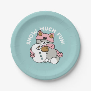 Cute Cat in Snow Gear with Snowman Art Paper Plate