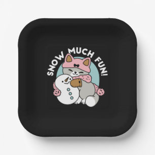 Cute Cat in Snow Gear with Snowman Art Paper Plate