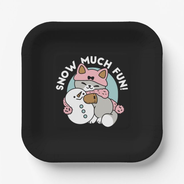 Cute Cat in Snow Gear with Snowman Art Paper Plate (Front)
